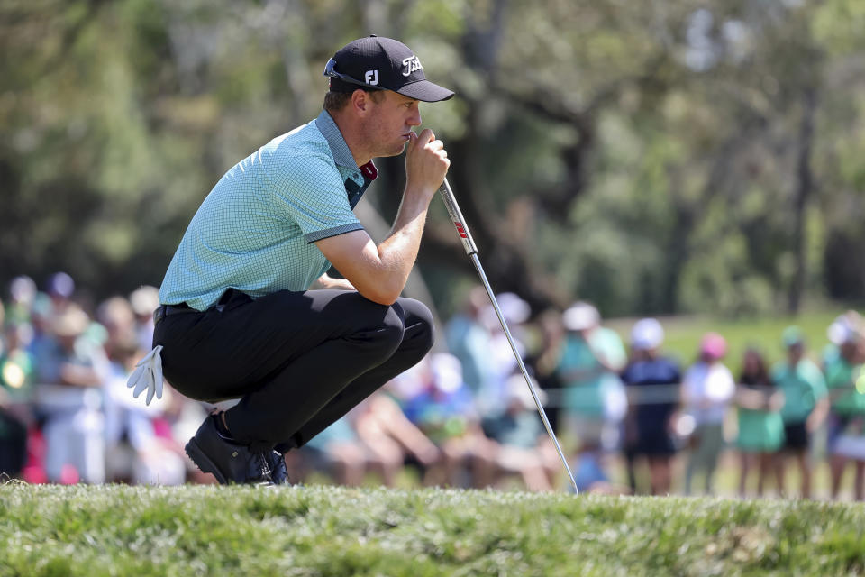 Justin Thomas lines up a putt on the sixth hole during the second round of the Valspar Championship golf tournament Friday, March 17, 2023, at Innisbrook in Palm Harbor, Fla. (AP Photo/Mike Carlson)