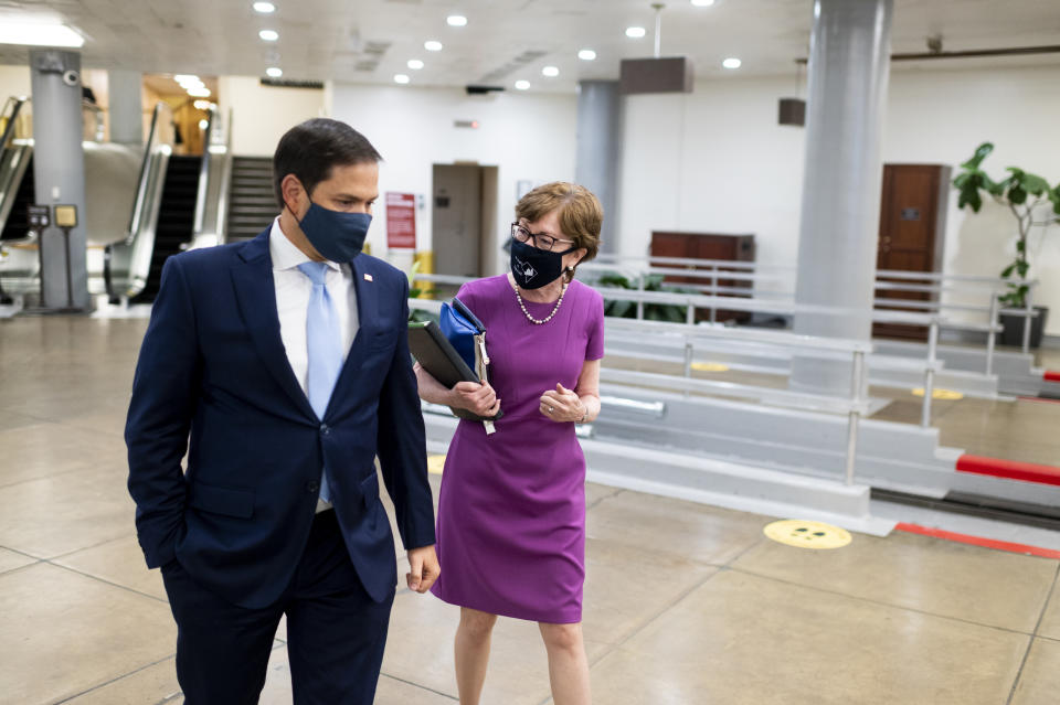 UNITED STATES - JULY 29: Sen. Susan Collins, R-Maine, and Sen. Marco Rubio, R-Fla., talk in the Senate subway on Wednesday, July 29, 2020. (Photo By Bill Clark/CQ-Roll Call, Inc via Getty Images)