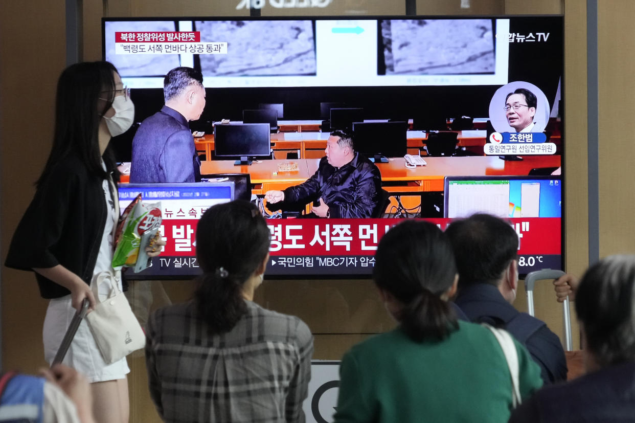 A TV screen shows a file image of North Korean leader Kim Jong Un during a news program at the Seoul Railway Station in Seoul, South Korea, Wednesday, May 31, 2023. North Korea launched a purported rocket Wednesday, a day after the country announced a plan to put its first military spy satellite into orbit, South Korea's military said. (AP Photo/Ahn Young-joon)