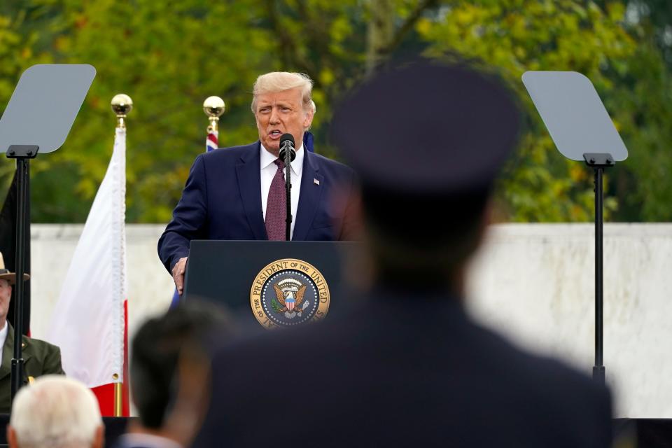 President Donald Trump speaks at a 19th anniversary observance of the Sept. 11 terror attacks, at the Flight 93 National Memorial in Shanksville, Pa., Friday, Sept. 11, 2020.