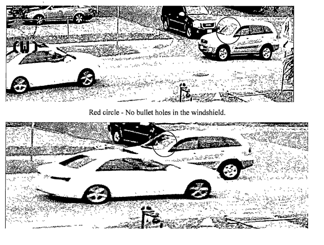 Two separate frames recorded moments apart show holes appear in Ricky Gilbert's windshield as the suspect's vehicle passed him, according to arrest reports. PHOTO: TITUSVILLE POLICE DEPARTMENT