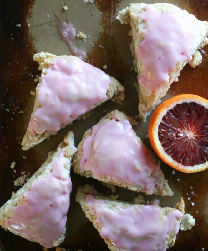 <p>Jen's Favorite Cookies</p><p>These scones are delicious and eye-catching with their pink glaze, thanks to the blood orange juice.</p><p><strong><br> Get the recipe:</strong><em> <a href="https://jensfavoritecookies.com/2015/03/19/blood-orange-scones/" rel="nofollow noopener" target="_blank" data-ylk="slk:Blood Orange Scones;elm:context_link;itc:0;sec:content-canvas" class="link rapid-noclick-resp">Blood Orange Scones</a></em></p>