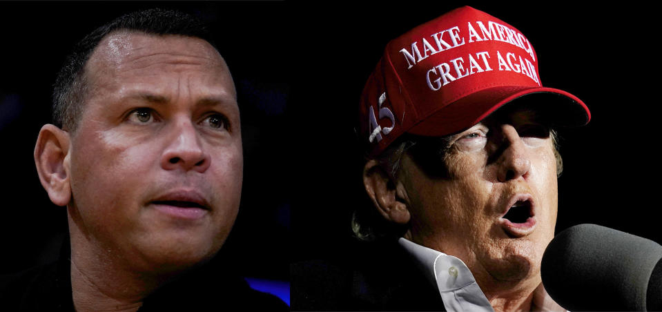 This photo combo shows former slugger Alex Rodriguez, left, and former President Donald Trump. Rodriguez, once vilified by Donald Trump as a “druggie” and “joke” unworthy of wearing the pinstripes, is now a key part of an investment group seeking to buy the rights to the ex-president’s marquee Washington, D.C., hotel, people familiar with the deal told The Associated Press. (AP Photo/Jae C. Hong, Ross D. Franklin)