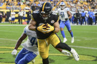 Pittsburgh Steelers tight end Pat Freiermuth (88) makes a touchdown catch in front of Detroit Lions linebacker Jalen Reeves-Maybin (44) during the first half of an NFL preseason football game Saturday, Aug. 21, 2021, in Pittsburgh. (AP Photo/Fred Vuich)