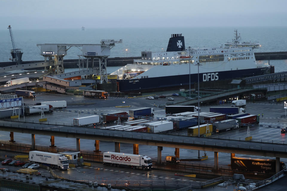 A ferry unloads on the morning after Brexit took place at the Port of Dover in Dover, England, Saturday, Feb. 1, 2020. If you thought the drawn-out battle over the U.K.'s departure from the European Union was painful, wait until you see what comes next. While Britain formally left the EU at 11 p.m. local time Friday, the hard work of building a new economic relationship between the bloc and its ex-member has just begun. (AP Photo/Matt Dunham)