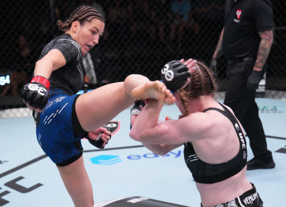 LAS VEGAS, NEVADA – OCTOBER 07: (L-R) Montana De La Rosa kicks JJ Aldrich in a flyweight fight during the UFC Fight Night weigh-in at UFC APEX on October 07, 2023 in Las Vegas, Nevada. (Photo by Al Powers/Zuffa LLC via Getty Images)