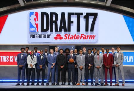 Jun 22, 2017; Brooklyn, NY, USA; NBA prospects pose for a group photo with NBA commissioner Adam Silver before the first round of the 2017 NBA Draft at Barclays Center. Mandatory Credit: Brad Penner-USA TODAY Sports