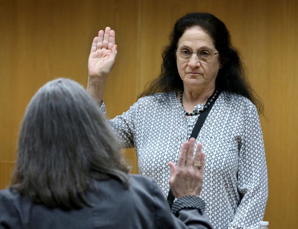 Dr. Anat Feingold, a specialist in pediatric infectious disease at Cooper University Medical Center in Camden, is sworn in to testify in Christopher Gregor's trial before Superior Court Judge Guy P. Ryan in Toms River Wednesday, May 22, 2024. Gregor is charged with the 2021 murder and child endangerment of his 6-year-old son Corey Micciolo.