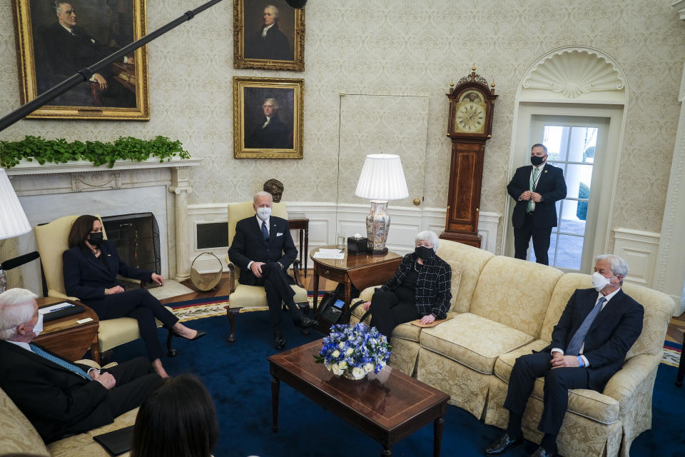 WASHINGTON, DC - FEBRUARY 09:US President Joe Biden, Vice President Kamala Harris and Secretary of the Treasury, Janet Yellen meet with business leaders about the critical need for the American Rescue Plan in the Oval Office at the White House in Washington, D.C., on Tuesday, Feb. 9, 2021. Attending the meeting are Jamie Dimon, Chairman and CEO of JPMorgan Chase, Tom Donohue, CEO at the U.S. Chamber of Commerce, Doug McMillon, President and CEO of Walmart, Sonia Syngal, President and CEO of Gap, Inc. and  Marvin Ellison, President and CEO of Lowe’s Companies, Inc.  (Photo by Pete Marovich-Pool/Getty Images)