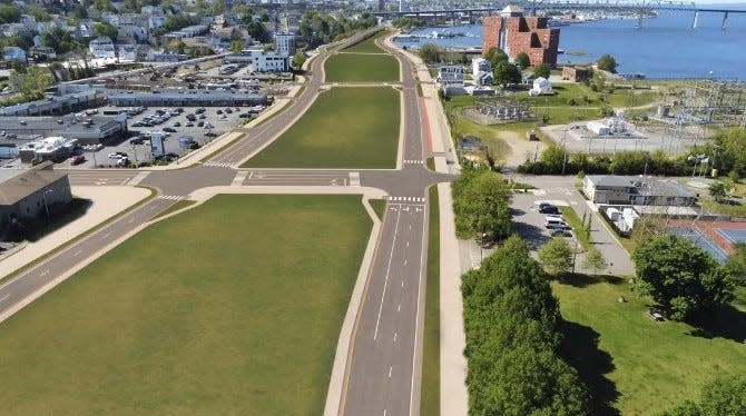 This image shows the completed version of what the Davol Street corridor will look like when it's complete in 2026, looking south at President Avenue.