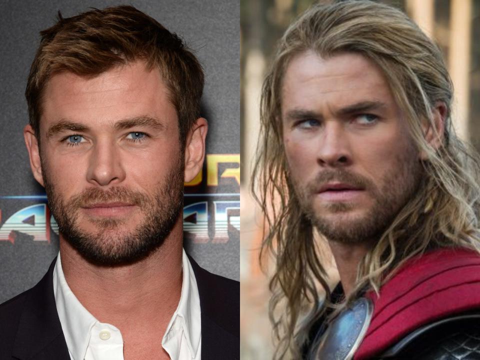 Chris Hemsworth with short hair on the left and long hair on the right