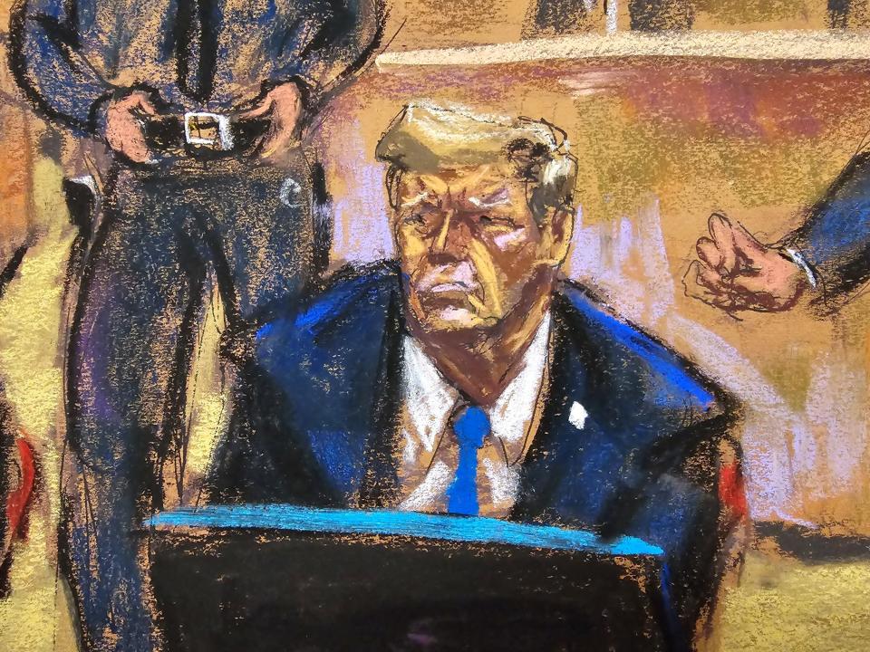 A courtroom sketch of former President Donald Trump during jury selection for his criminal trial on April 18, 2024.