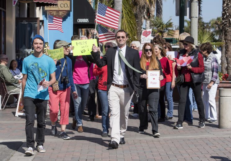 Members of Indivisible OC-48 marched to Rohrabacher's Huntington Beach office on Feb. 14, 2017, to deliver Valentine cards asking him to hold a town hall meeting.