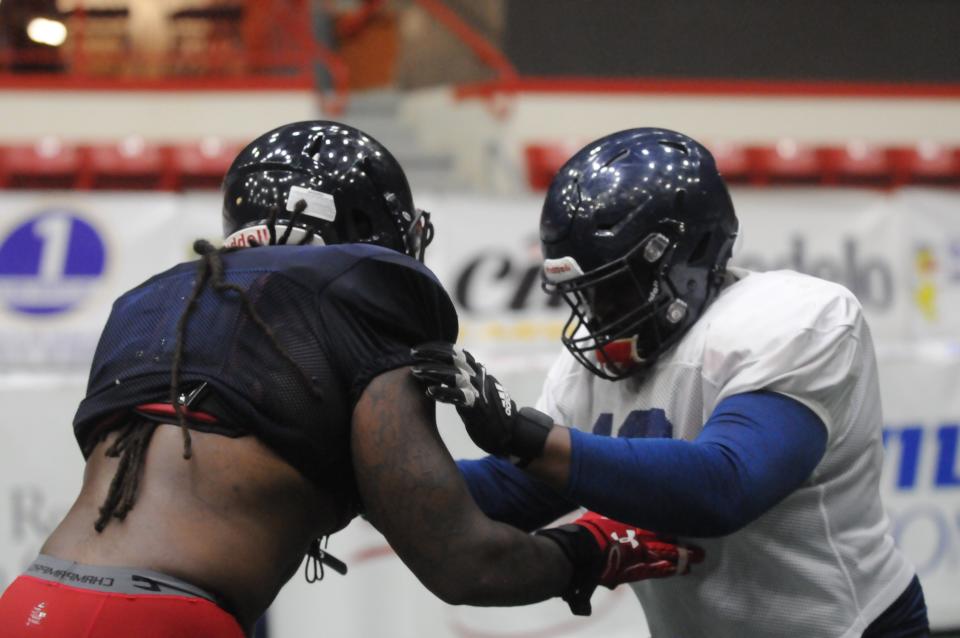 Salina Liberty's Kelvin McCoy goes up against teammate Keenen Gibbs during a practice Thursday, June 23, 2022 at Tony's Pizza Events Center.