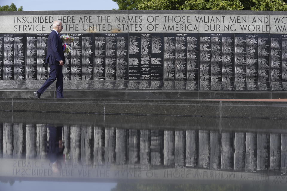 President Joe Biden walks to place a wreath at Veterans Memorial Park at the Delaware Memorial Bridge in New Castle, Del., Tuesday, May 30, 2023. (AP Photo/Patrick Semansky)