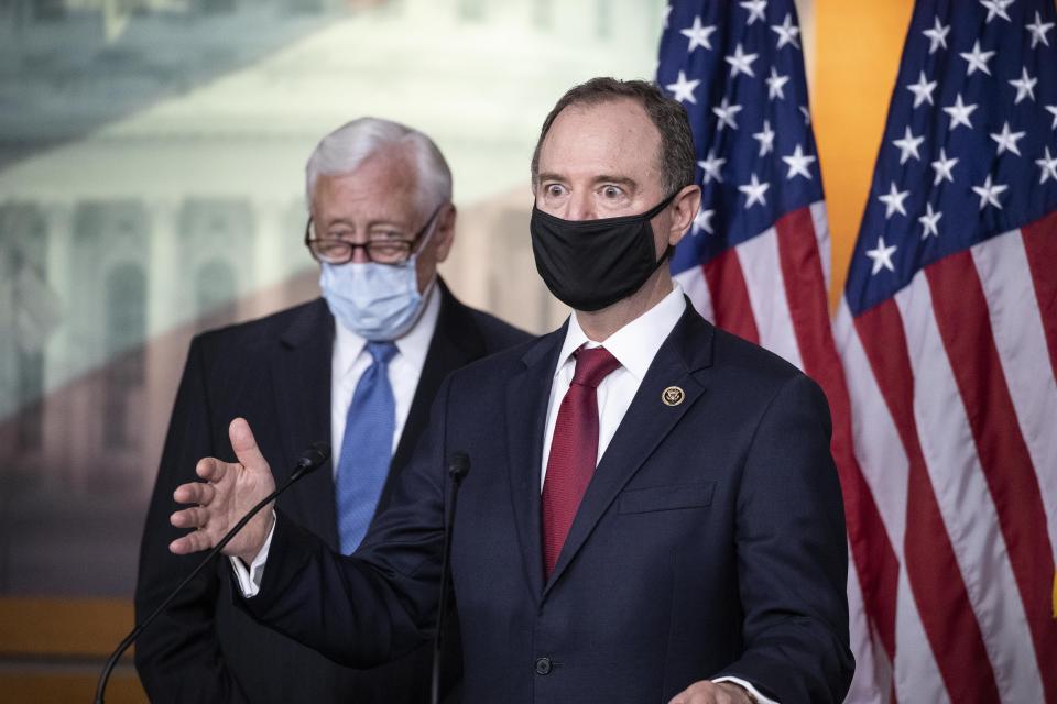 Rep. Adam Schiff, D-Calif., Chairman of the House Intelligence Committee, right, speaks accompanied by House Majority Leader Steny Hoyer of Md., during a news conference on Capitol Hill, after a meeting at the White House, Tuesday, June 30, 2020 in Washington. (AP Photo/Alex Brandon)