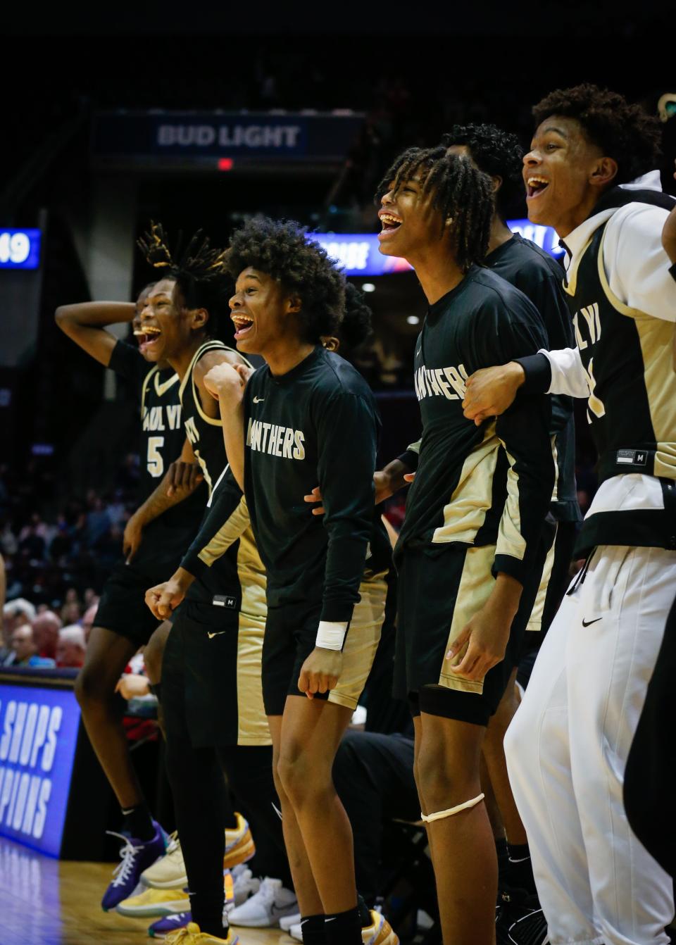 The Paul VI Catholic Panthers (Virginia) cheer on their teammates during the championship game of the Tournament of Champions against St. John Bosco (California) at Great Southern Bank Arena on Saturday, Jan. 13, 2024.
