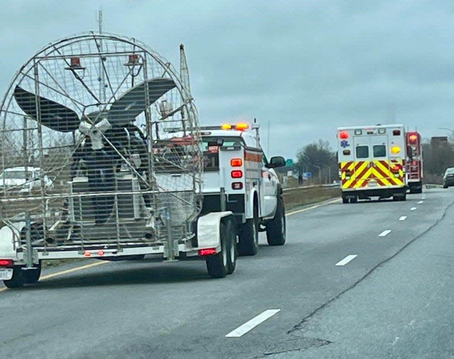 A National Institute of Standards and Technology trailer-mounted fan makes its way via Interstate 70 to Hagerstown on Saturday to assist in an incident at an Amazon warehouse. Ahead of the NIST vehicle is Frederick County's Hazardous Incident Response Team.