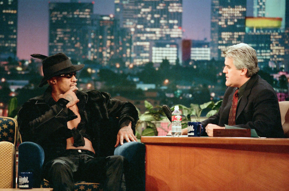 THE TONIGHT SHOW WITH JAY LENO -- Episode 1474 -- Pictured: (l-r) Basketball player Dennis Rodman during an interview with host Jay Leno on October 16, 1998 -- (Photo by: Margaret Norton/NBCU Photo Bank/NBCUniversal via Getty Images via Getty Images)