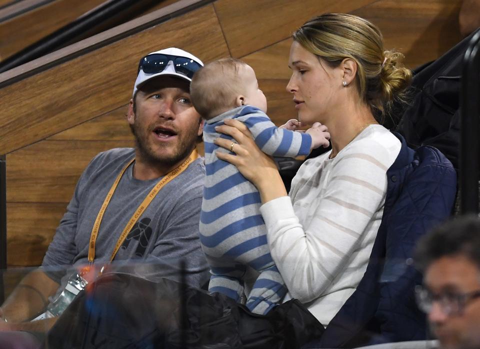 Bode and Morgan Miller play with their son Easton, then just five months old, at the 2019 BNP Paribas Open in Indian Wells, California.