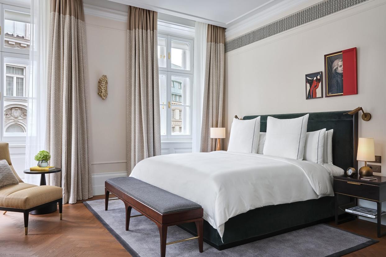 Interior of the bedroom in the Executive Suite at the Rosewood Vienna