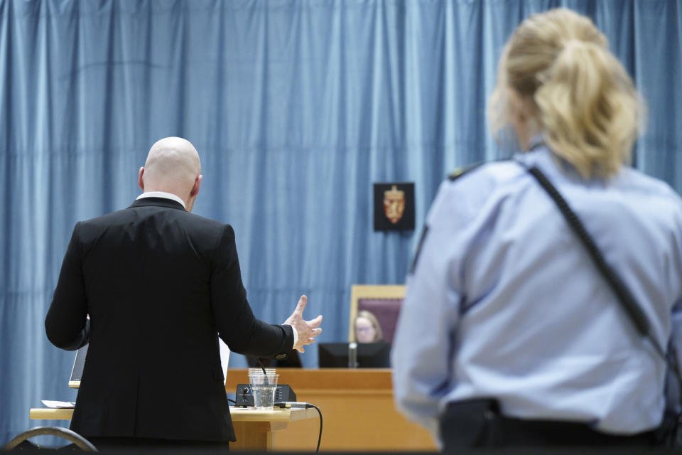 Anders Behring Breivik gives his statement on day two of the trial, where the Oslo district court hears the case concerning Breivik's prison terms and his rights under the European Convention on Human Rights, in Tyristrand, Norway, Tuesday, Jan. 9, 2024. The trial takes place in a gymnasium in Ringerike prison. Breivik, who now calls himself Fjotolf Hansen, was sentenced the year after the terrorist attacks against Oslo and Utøya on 22 July 2011 to 21 years in prison with a minimum term of 10 years. 77 people lost their lives in the attacks. (Cornelius Poppe/NTB Scanpix via AP)