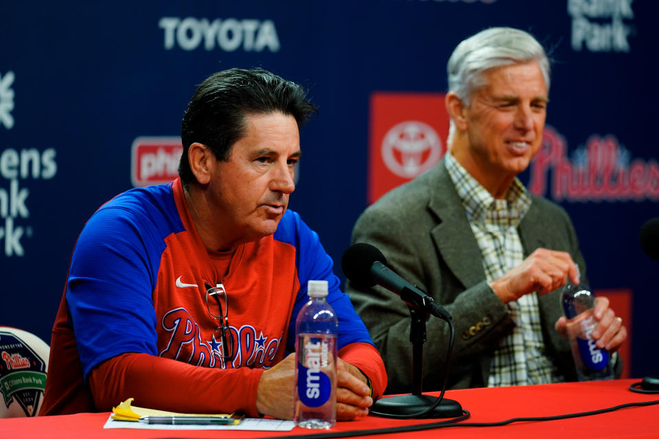 Philadelphia Phillies president of baseball operations Dave Dombrowski, right, and Phillies interim manager Rob Thomson take part in a news conference in Philadelphia, Friday, June 3, 2022. Joe Girardi was fired by the Phillies on Friday, after his team's terrible start, becoming the first major league manager to lose his job this season. (AP Photo/Matt Rourke)