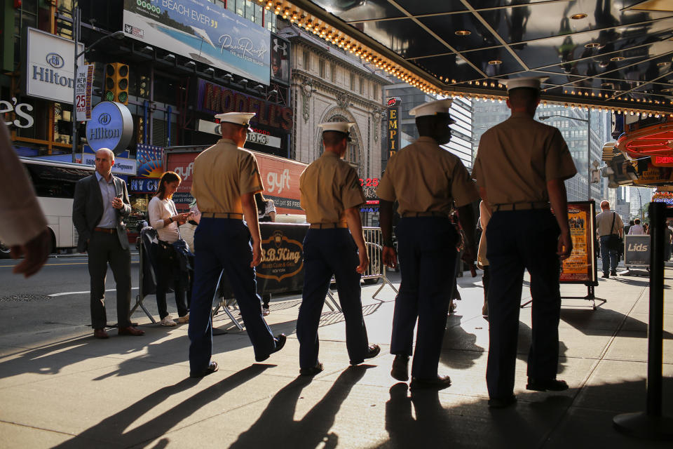 <p>Marines walk around Times Square during Fleet Week on May 25, 2016, in New York City. Nearly 4,500 sailors, Marines and Coast Guardsmen will participate during Fleet Week New York (FWNY) this year. General-public ship tours will be conducted daily throughout the week in Manhattan, Brooklyn and Staten Island. (Eduardo Munoz Alvarez/Getty Images) </p>