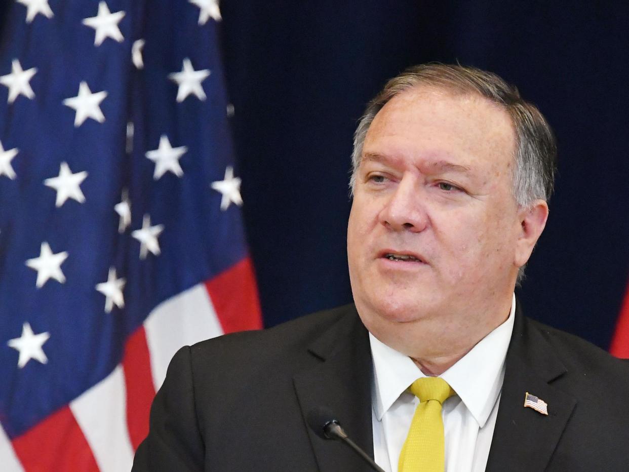 US secretary of state Michael Pompeo speaks during a press conference with Iraq's Foreign Minister Fuad Hussein at the State Department in Washington, DC on 19 August 2020: (2020 Getty Images)