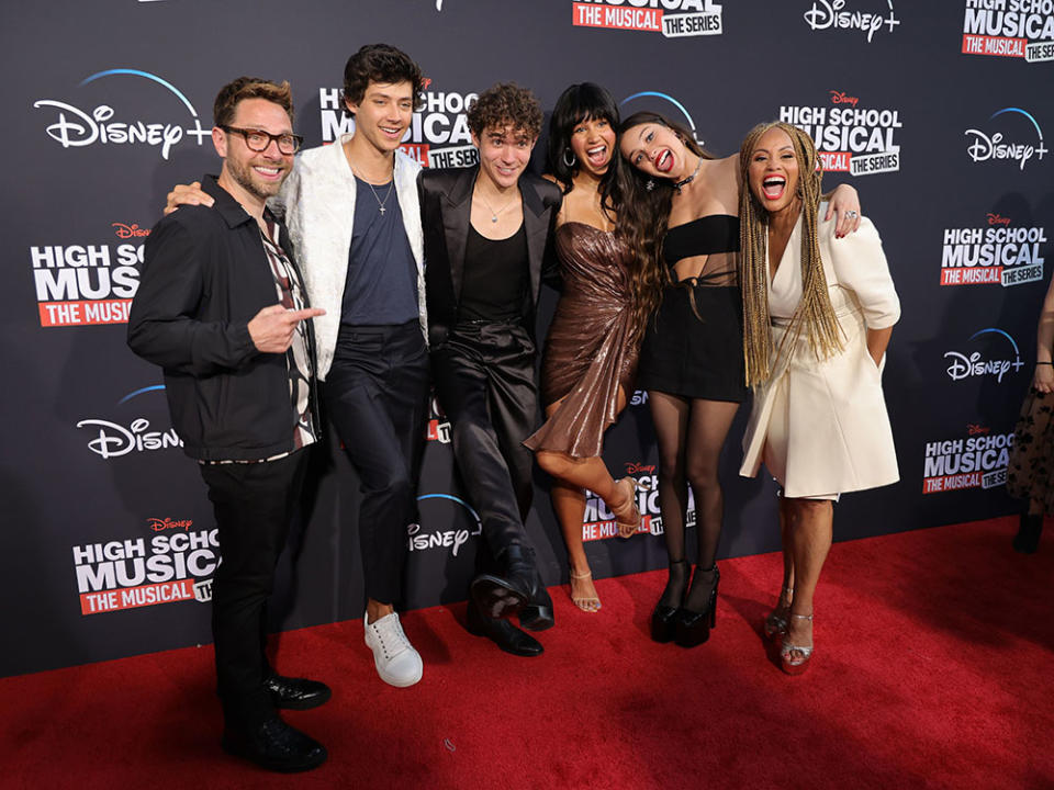 (L-R) Tim Federle, Matt Cornett, Joshua Bassett, Sofia Wylie, Olivia Rodrigo and Ayo Davis, President, Disney Branded Television attends the Disney+ "High School Musical: The Musical: The Series" season 3 premiere at Walt Disney Studios on July 27, 2022 in Burbank, California.