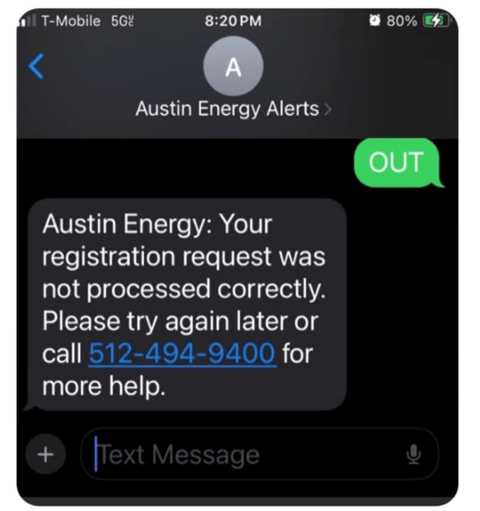 Similar text message error from Austin Energy (Courtesy Jennifer Walker)