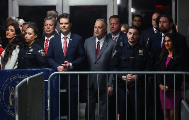 NEW YORK, NEW YORK - MAY 16: (L-R) Rep. Anna Paulina Luna (R-FL), Rep. Matt Gaetz (R-FL), Rep. Andy Biggs (R-AZ) and Rep. Lauren Boebert (R-CO) look on as former U.S. President Donald Trump appears at Manhattan Criminal Court on May 16, 2024 in New York City. Former U.S. President Donald Trump faces 34 felony counts of falsifying business records in the first of his criminal cases to go to trial. (Photo by Mike Segar-Pool/Getty Images)