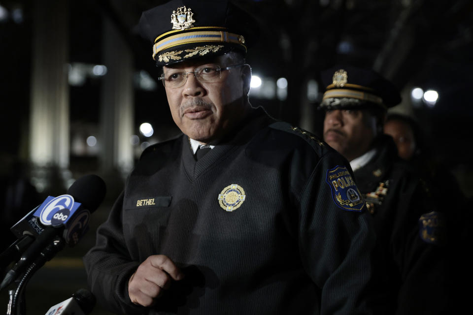 Philadelphia Police Commissioner Kevin Bethel gives an update, from Einstein Hospital, regarding a police involved shooting in Philadelphia, Thursday evening, Feb. 15, 2024. (Elizabeth Robertson/The Philadelphia Inquirer via AP)