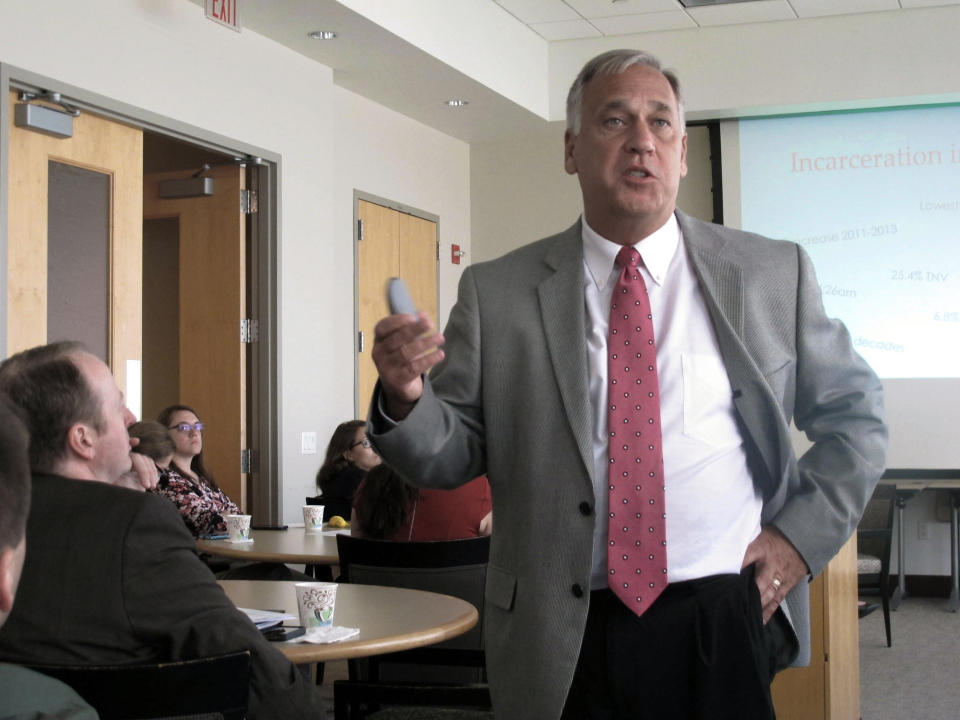 FILE - Gary Mohr, director of the Ohio Department of Rehabilitation and Correction, discusses efforts to reduce the state's prison population, in Columbus, Ohio, Thursday, Aug. 13, 2015. Mohr, the former director of the Ohio state prison system, has emerged as a leading contender to run the crisis-plagued federal Bureau of Prisons, three people familiar with the matter told The Associated Press on Friday, May 20, 2022. (AP Photo/Andrew Welsh-Huggins, File)