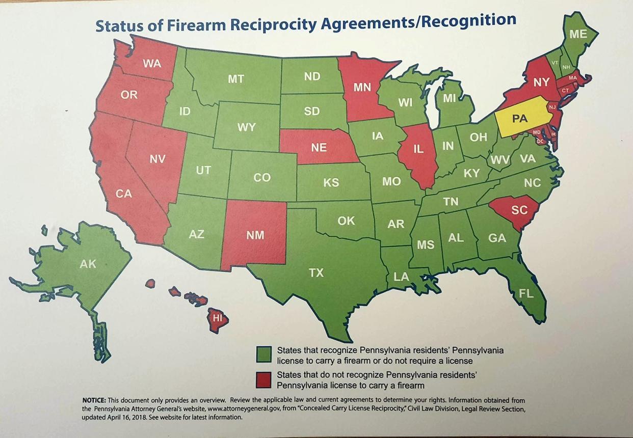 This map of the United States reveals which states in green, like Ohio and West Virgina, that have reciprocating license to carry firearm permits with Pennsylvania. The states in red, such as New York, New Jersey, Maryland and Delaware, do not recognize Pennsylvania's license to carry a firearm.