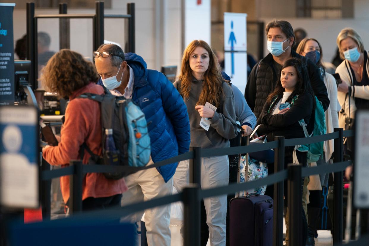 Passengers wait in line at the security checkpoint at Ronald Reagan Washington D.C. National Airport.