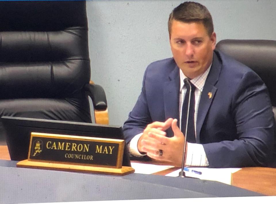 Jupiter Town Council Member Cameron May voted against starting a town fire-rescue department on Tuesday, Aug. 15, 2023. He was the lone dissenting vote.