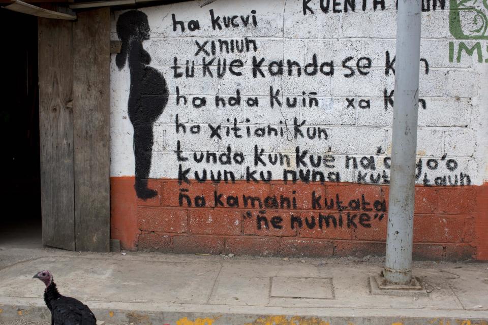In this Feb. 11, 2014 photo, a message aimed at pregnant women is written in the Mexican indigenous language Mixtec on a wall in Cochoapa El Grande, Mexico. The message reads; "If your head aches, if your baby is moving slowly, if your feet get swollen, if you feel bloated, if you have any of these symptoms you have to get immediate medical attention. It's urgent." (AP Photo/Dario Lopez-Mills)
