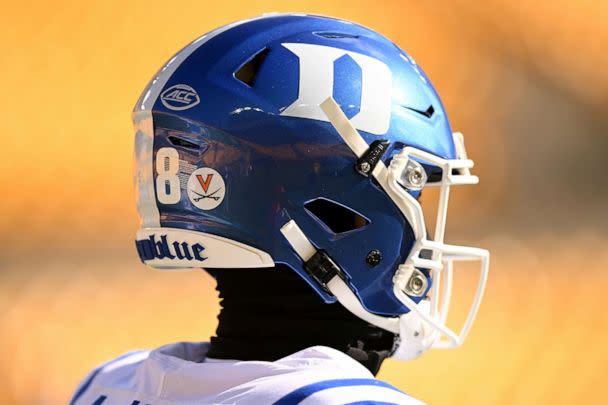 PHOTO: A UVA sticker, in honor of the three Virginia football players who were killed in a shooting, is seen on the helmet of Duke Blue Devils' Andrew Jones prior to the game against the Pittsburgh Panthers, Nov. 19, 2022, in Pittsburgh, Penn. (Joe Sargent/Getty Images)
