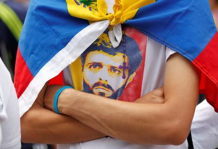 An opposition supporter wearing a T-shirt with an image of jailed Venezuelan opposition leader Leopoldo Lopez takes part in a rally to demand a referendum to remove Venezuela's President Nicolas Maduro in Caracas, Venezuela, September 1, 2016. REUTERS/Christian Veron