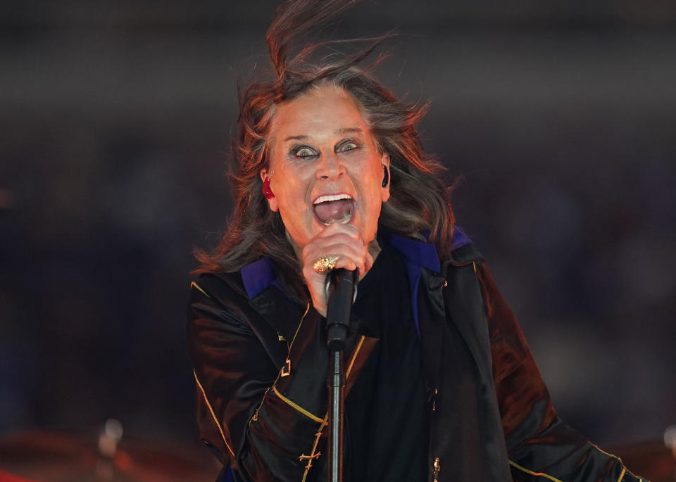 FILE - Singer Ozzy Osbourne performs during halftime of an NFL football game between the Los Angeles Rams and the Buffalo Bills in Inglewood, Calif., on Sept. 8, 2022. Osbourne is among the 2024 nominees for induction into the Rock & Roll Hall of Fame. (AP Photo/Ashley Landis, File)