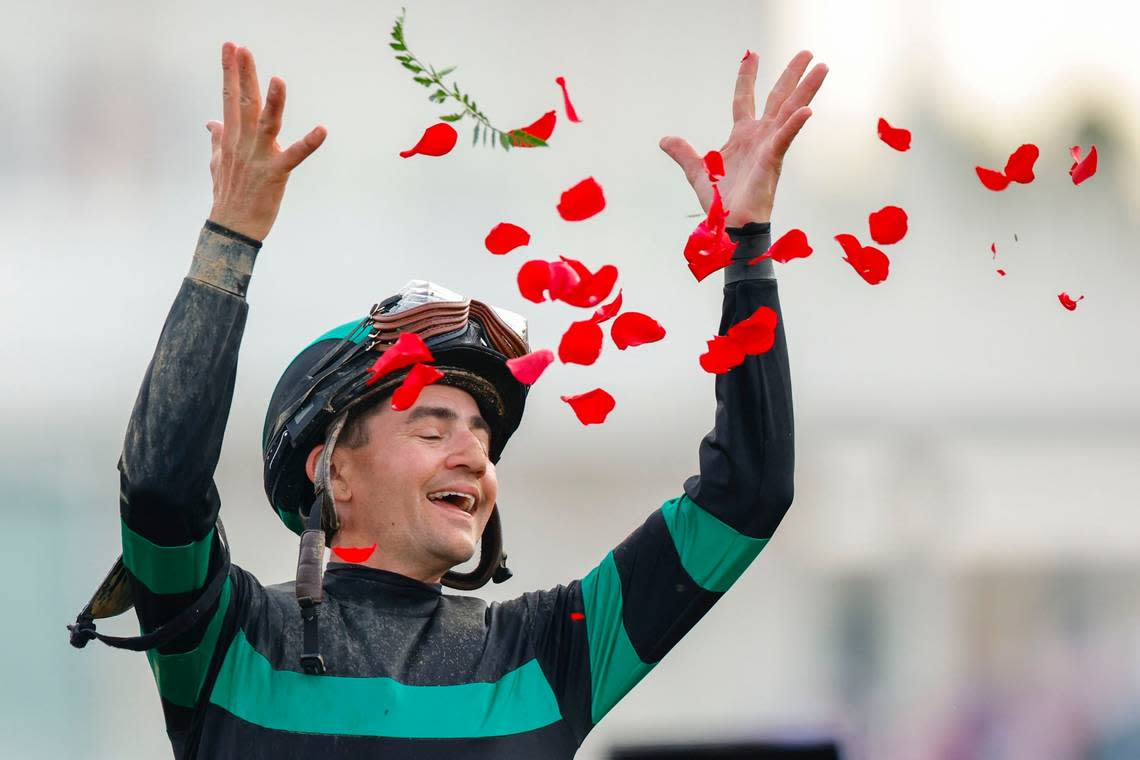 Brian Hernandez Jr. celebrates after winning the 150th running of the Kentucky Derby aboard Mystik Dan. Alex Slitz