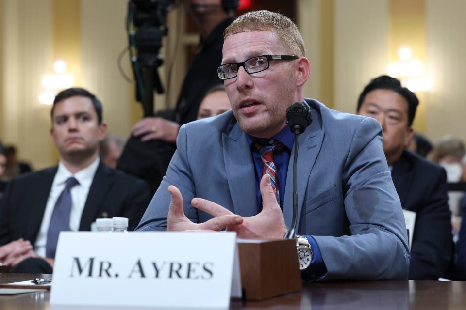 Stephen Ayres testifies during a House Jan. 6 committee hearing in Washington, D.C. on July 12. Ayres is the only rioter to testify publicly before the committee.