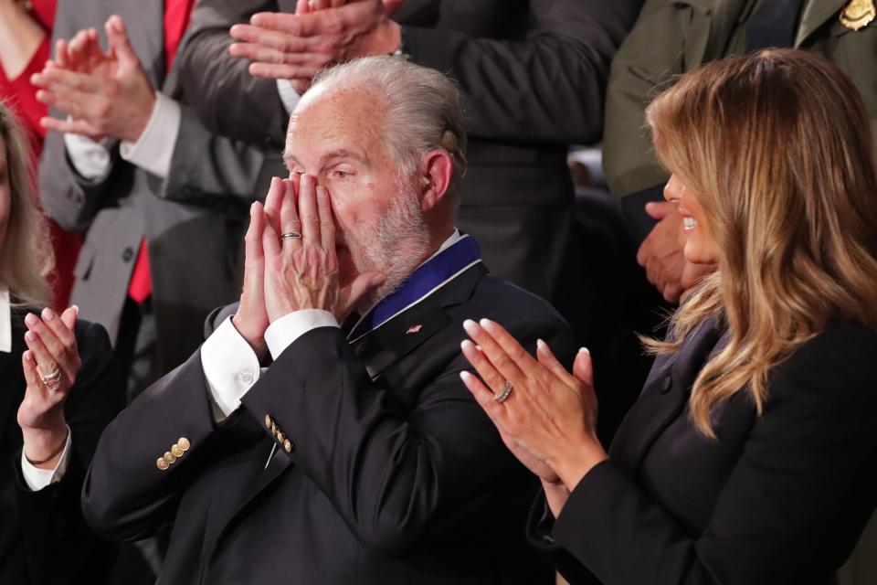 Conservative radio talk show host Rush Limbaugh reacts as he is awarded the Presidential Medal of Freedom by U.S. First Lady Melania Trump during U.S. President Donald Trump's State of the Union address. (Photo: Jonathan Ernst / Reuters)