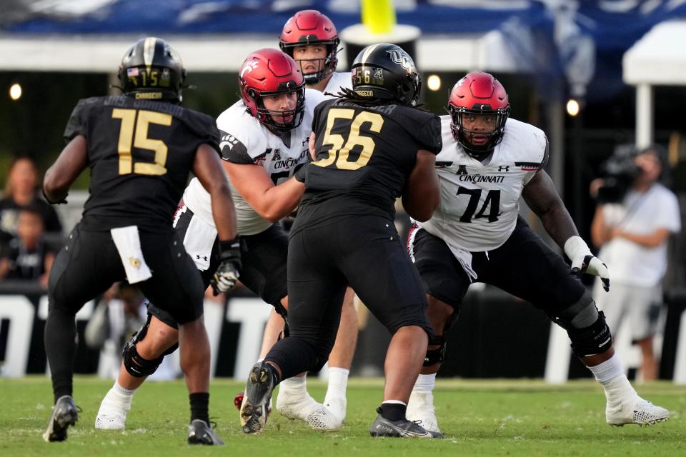 Cincinnati Bearcats offensive lineman Gavin Gerhardt (53) and Cincinnati Bearcats offensive lineman Jeremy Cooper (74) block as Cincinnati Bearcats quarterback Ben Bryant (6) drops back to pass against UCF last Oct.29.