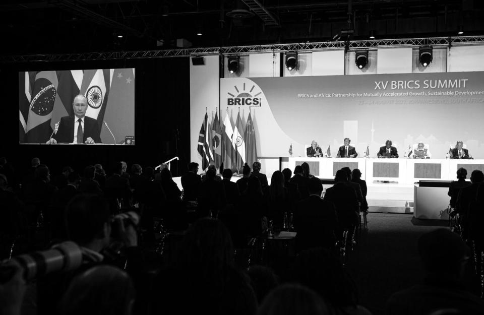 South African President Cyril Ramaphosa speaks during the closing day of the BRICKS summit during a press conference with fellow leaders Luiz Inacio Lula da Silva, Brazil's president, Xi Jinping, China's leader, Narendra Modi, India's prime minister, and Sergei Lavrov, Russia's foreign minister, on the closing day of the BRICS summit at the Sandton Convention Center in the Sandton district of Johannesburg on Aug. 24, 2023, South Africa. (Per-Anders Pettersson/Getty Images)