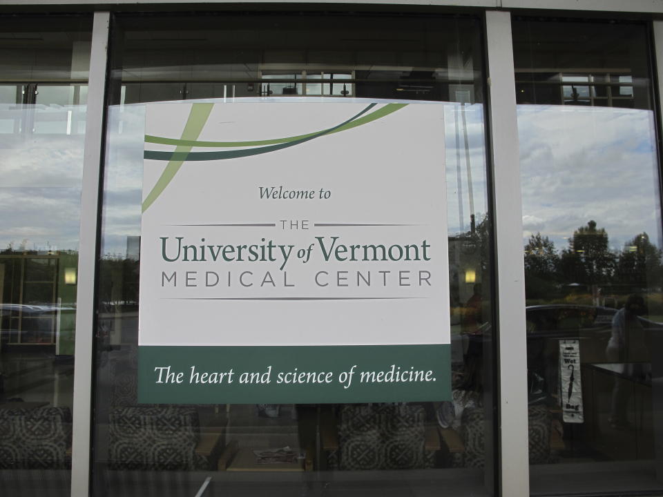 CORRECTS DAY TO WEDNESDAY-The main entrance to the University of Vermont Medical Center shown on Wednesday, Aug. 28, 2019. A federal agency says Vermont's largest hospital required a nurse to participate in an abortion over her moral objections. (AP Photo/Lisa Rathke)