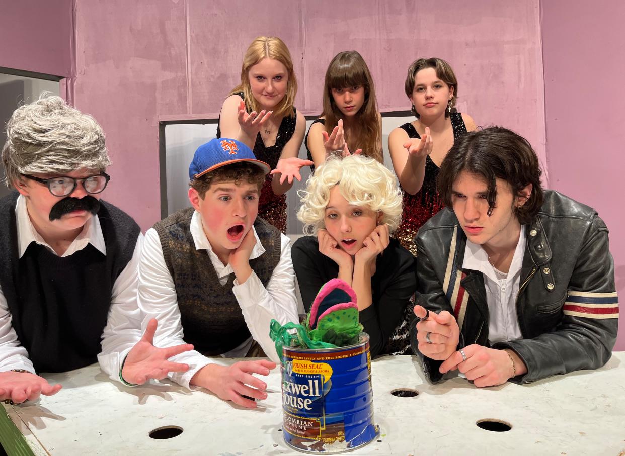 Principal cast members starring in WHS’s 2023 production of Little Shop of Horrors. Back Row (l-r): Anne Michelle Randle (as Crystal), Elizabeth Nichols (Brianna), Caroline Dufort (Chiffon). Front Row (l-r): Crow Campbell (Mr. Mushnik), Sam Coleman (Seymour), Sarah Jerry (Audrey), and David Patnaude (Orin).