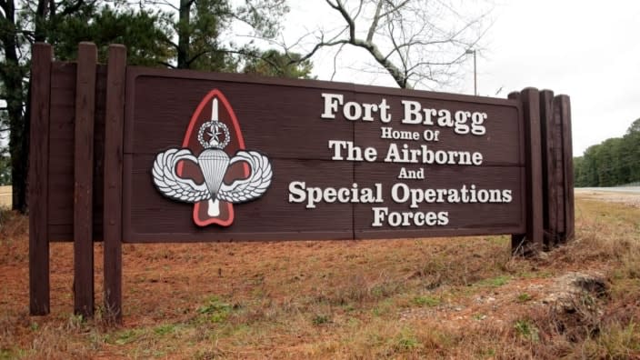 This Jan. 2020 file photo shows a sign at Fort Bragg, N.C. An independent commission is recommending that the Confederate Memorial at Arlington National Cemetery be dismantled and taken down as part of its final report to Congress on the renaming of military bases and assets that commemorate the Confederacy. (Photo: Chris Seward/AP, File)