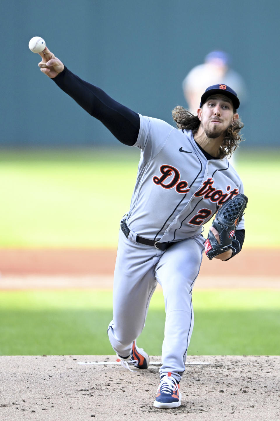 Detroit Tigers starting pitcher Michael Lorenzen delivers during the first inning of a baseball game against the Cleveland Guardians, Tuesday, May 9, 2023, in Cleveland. (AP Photo/Nick Cammett)